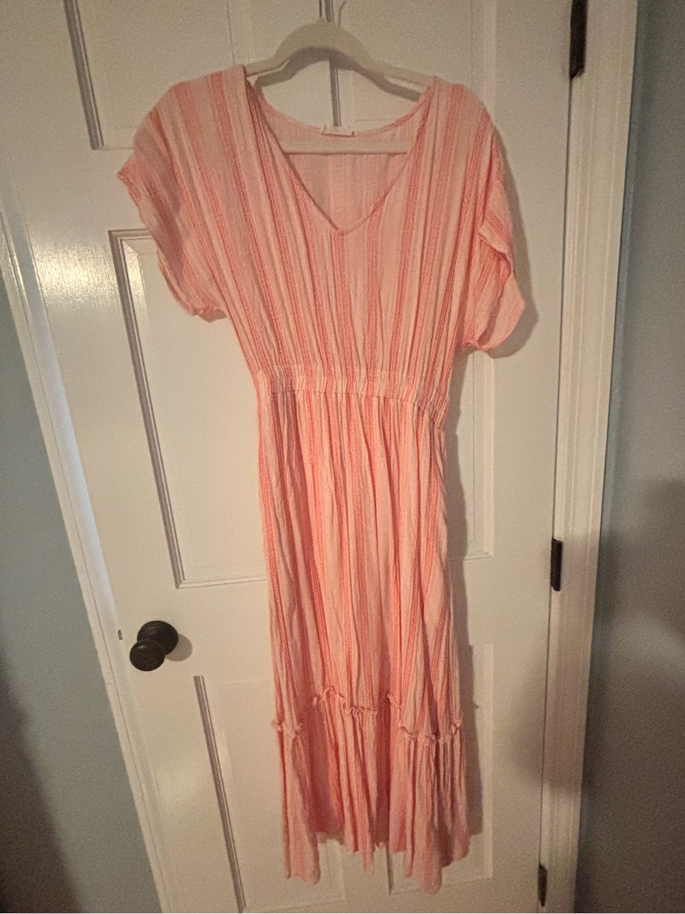 Kori Peach & White Striped V-Neck Maxi Dress